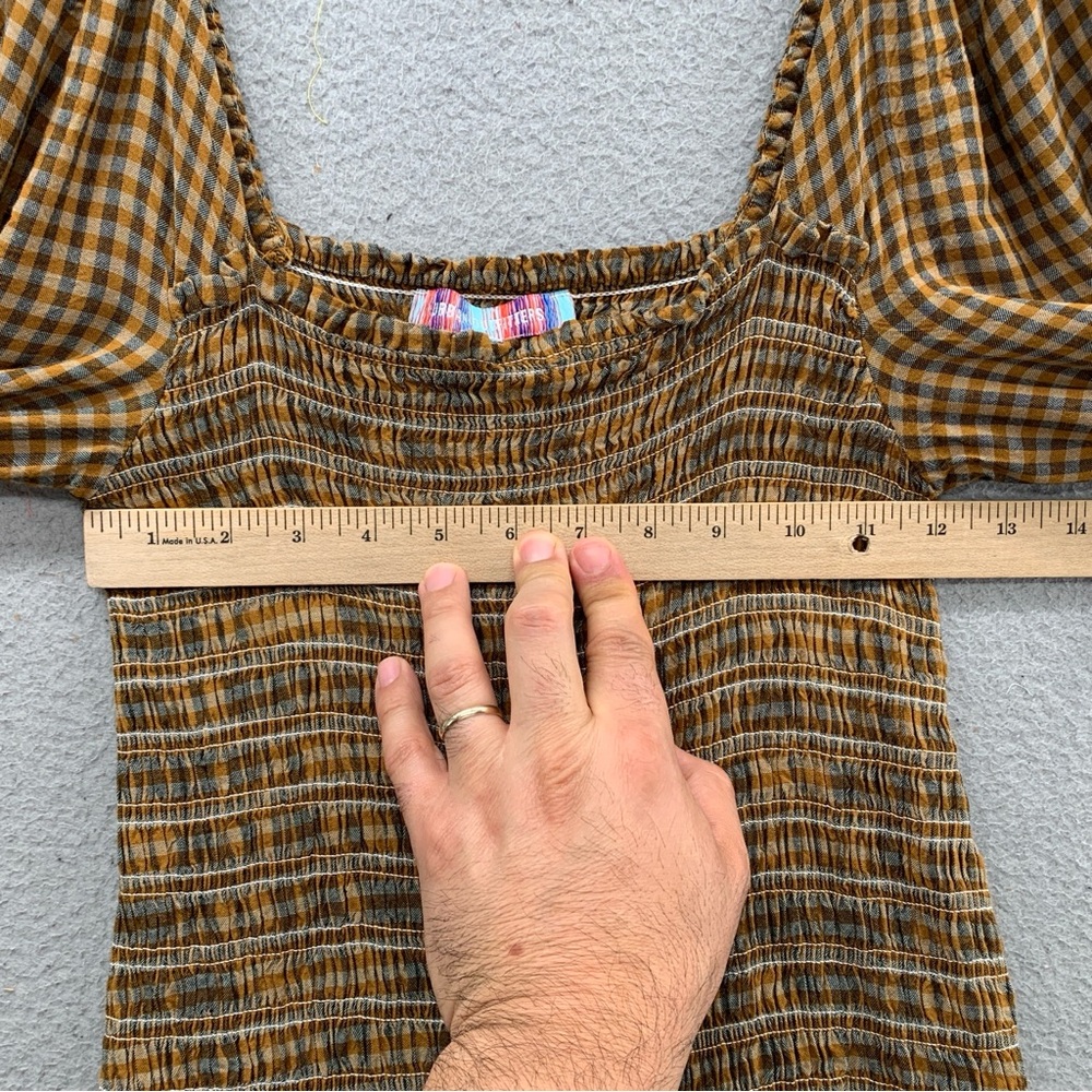 Urban Outfitters Francis Smocked Puff Sleeve Mini Dress Yellow Brown Women’s S - Picture 3 of 11